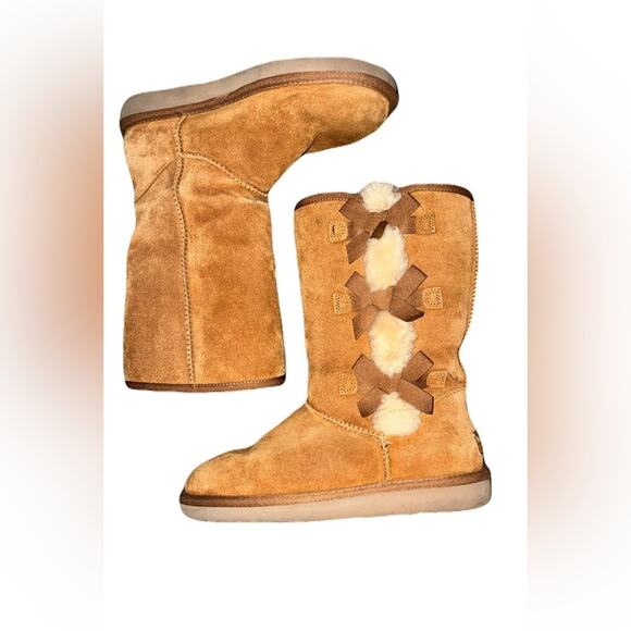 Koolaburra by Ugg Women's 7 Chestnut Victoria Boots Bow Tan Warm Preppy Winter - Picture 1 of 8